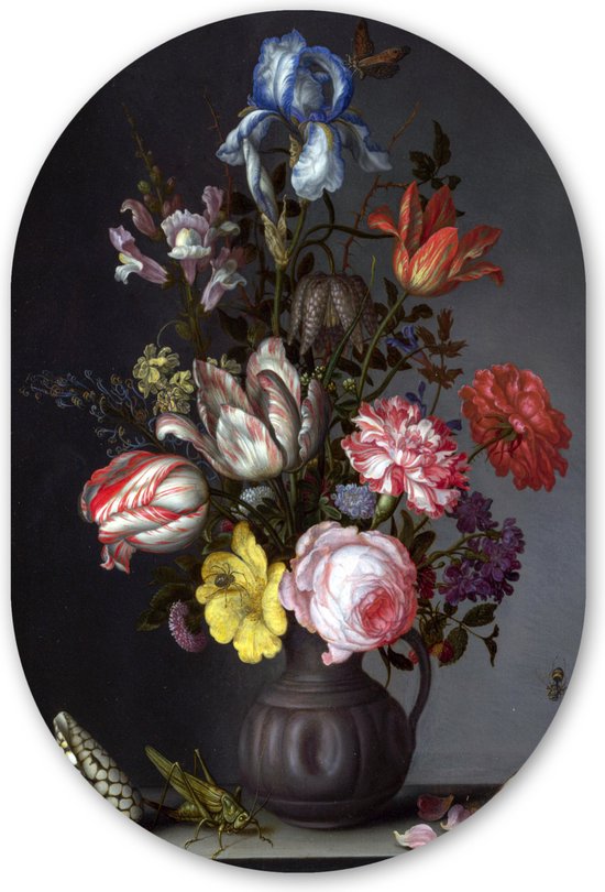 Miroir ovale - Décoration murale en plastique - Peinture ovale - Fleurs dans un vase avec coquillages et insectes - Balthasar van der Ast - 60x90 cm - Forme miroir ovale sur plastique