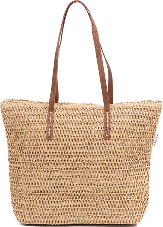 Monnq - sac de plage avec fermeture éclair - sac en osier - sac de plage en osier - Metta Wheat