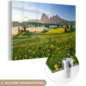 MuchoWow® Peinture sur verre 120×80 cm – Peinture sur verre acrylique – La brume matinale plane sur un champ de fleurs de l’Alpe di Siusi – Photo sur verre – Peintures MuchoWow® Peinture sur verre 120×80 cm – Peinture sur verre acrylique – La brume matinale plane sur un champ de fleurs de l’Alpe di Siusi – Photo sur verre – Peintures