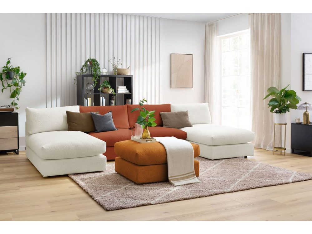 Canape panoramique fixe 100% modulable PARIS tissu bouclette avec 2 chauffeuses, 2 meridiennes, 1 pouf – Image 3