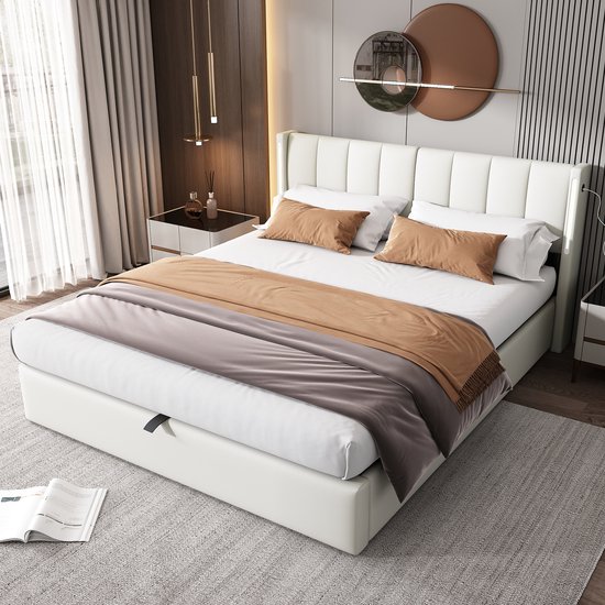 Lit rembourré binaural 160 x 200 cm - avec port de charge USB - avec éclairage LED- avec espace de rangement - tête de lit réglable - blanc - sans matelas