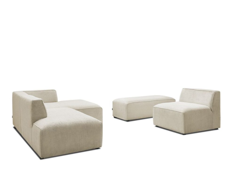 Canape d'angle fixe modulable MEGEVE tissu velours cotele avec 1 chauffeuse et 1 pouf