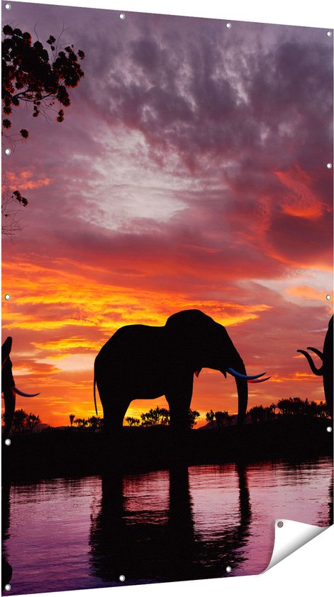 Gars Affiche de Jardin Eléphants au Coucher de Soleil - Silhouette - 120x180 cm - Toile Jardin - Décoration de jardin - Décoration murale Extérieure - Tableau Jardin