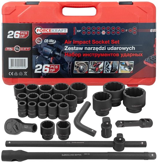 Jeu de 26 amorces à percussion 3/4" et 1", 12 pans avec cliquet