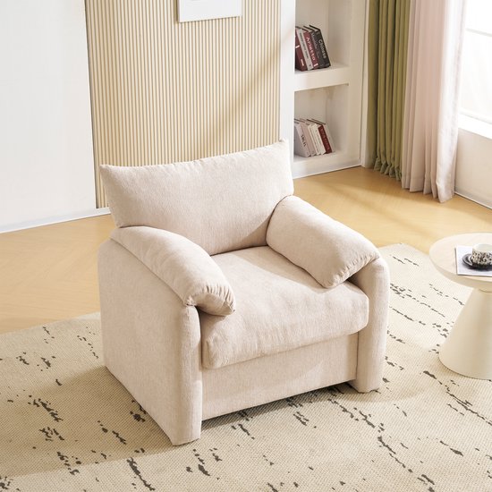 MODFU - Fauteuil - Assise Extra Large - Moderne - Pour Salon Ou Chambre - Chenille - Beige - 96 X 82 X 84 Cm