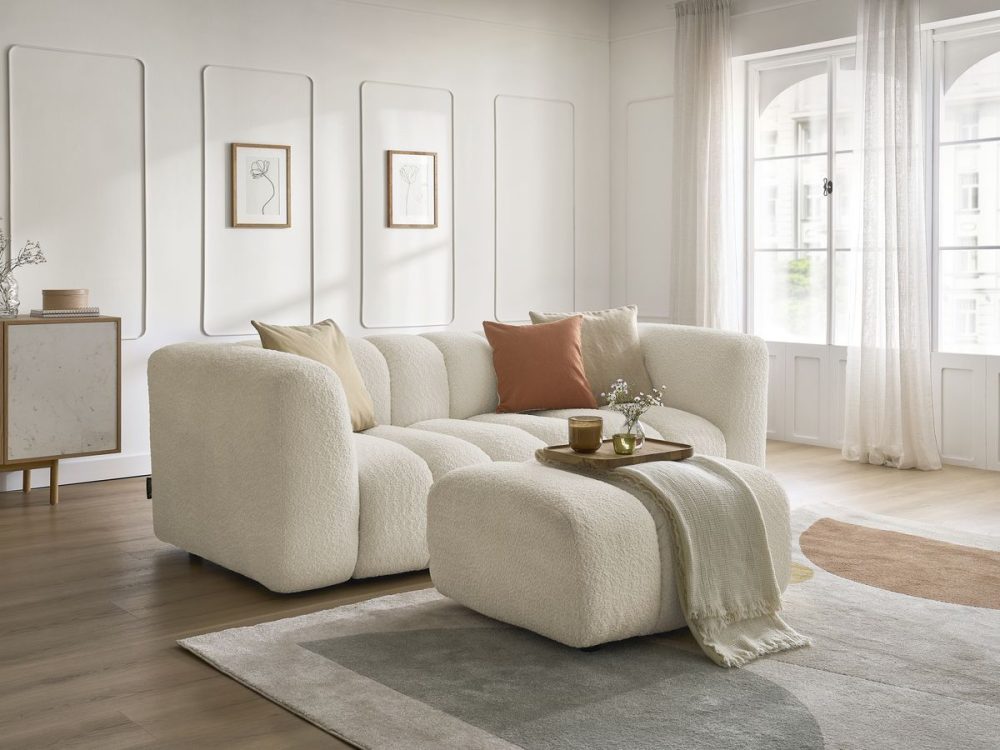 Canape droit fixe 3 places TALIA tissu bouclette avec pouf – Image 2