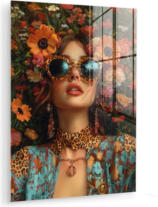 MuchoWow® Peinture sur verre 60x80 cm - Peinture acrylique sur verre - Femmes - Fleurs - Moderne - Verres - Abstrait - Photo sur verre - Décoration murale salon - Décoration murale chambre - Peintures