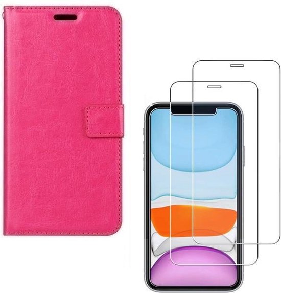 iPhone 11 Pro Max - Bookcase rose - étui portefeuille + 2X Tempered Glass écran en verre trempé
