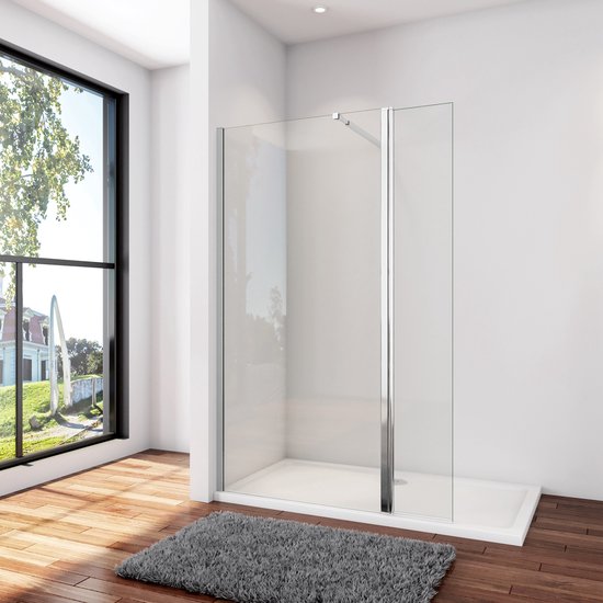Inloopdouche-douchewand-walk in 8mm NANO EasyClean veiligheidsglas,85x200cm+30x200cm draaibaar hoekprofiel+73-120cm Stabilisatiestang,glanzend chroom profiel