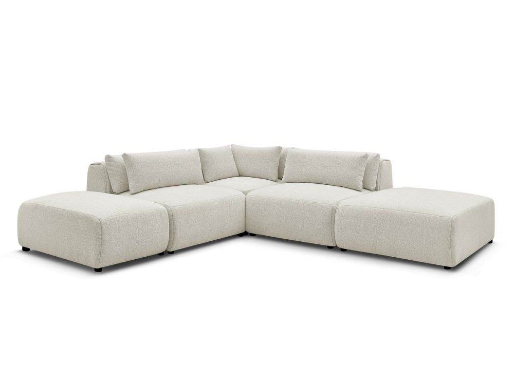 Canape d'angle fixe modulable avec tetieres JANA tissu chine avec 2 chauffeuses, 1 angle et 2 poufs