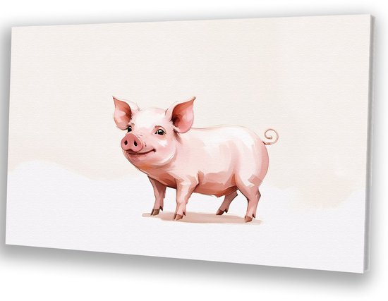 Illustration de cochon rose mignon - Art sur toile de cochon - Peinture sur toile animaux - Art Digital - Peinture de campagne - Décoration murale de chambre - toile 120x80 cm
