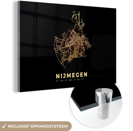 MuchoWow® Peinture sur verre 60x40 cm - Peinture sur verre acrylique - Plan de ville - Nederland - Nimègue - Carte - Plan - Photo sur verre - Peintures