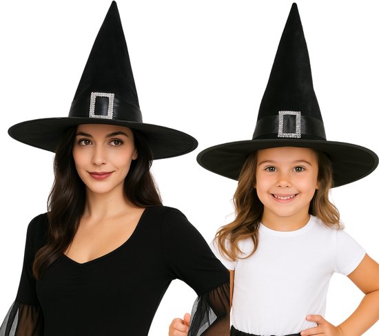 Joya Kids® | Chapeau de sorcière en velours Zwart avec boucle argentée | Chapeau d'Halloween Adultes et Enfants | Accessoire de chapeau de sorcière Carnaval | Unisexe