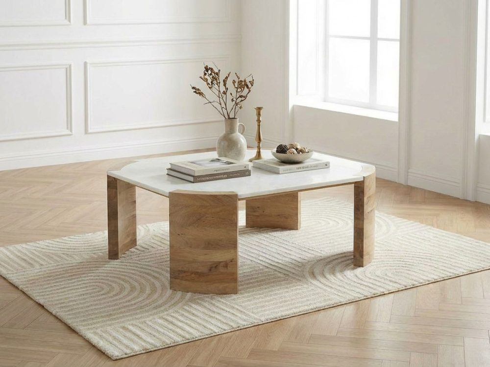 Table basse carree 85 cm TORVI plateau marbre et pieds bois massif d'acacia – Image 3