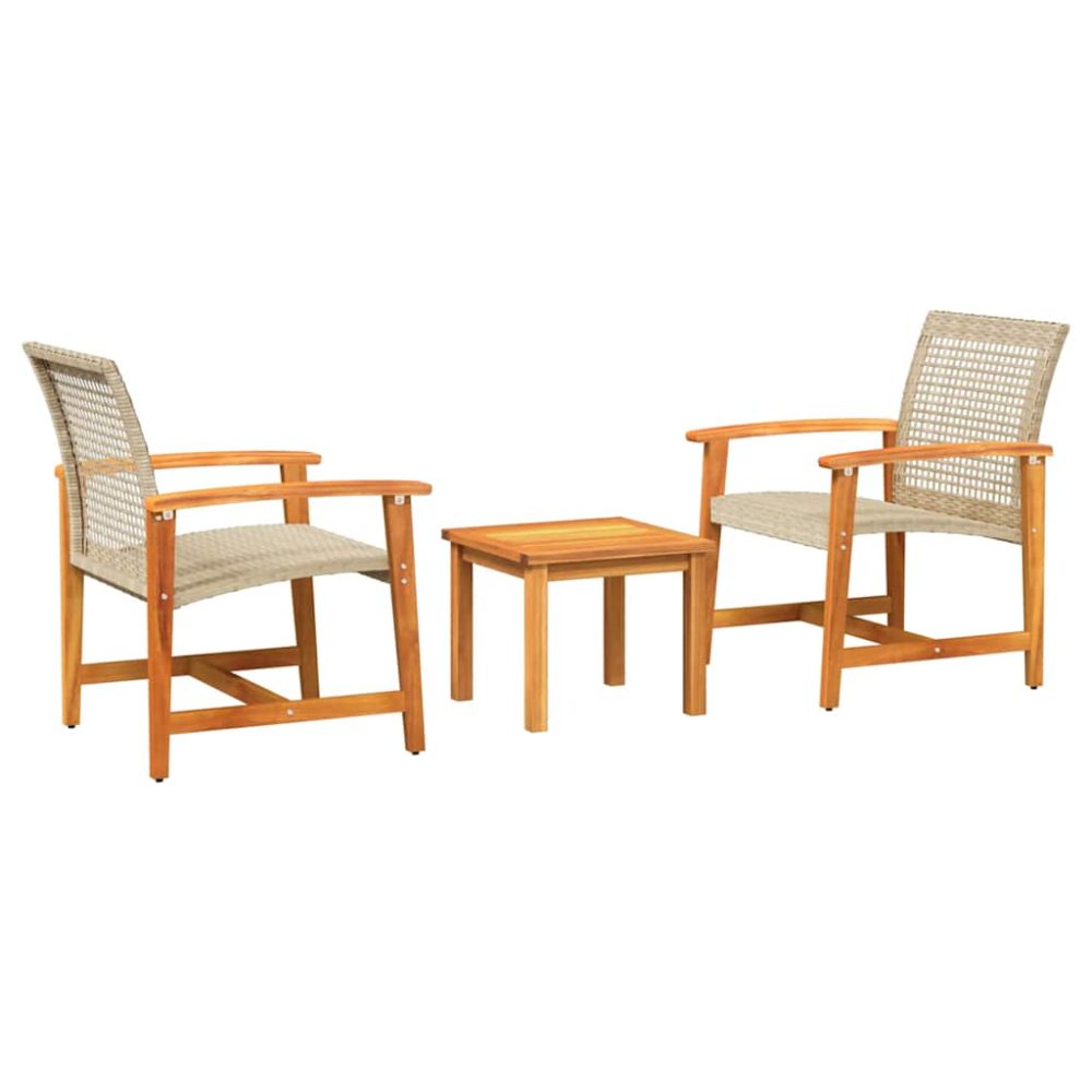 3 Piece Bistro Set Beige Poly Rattan and Acacia Wood – Image 2