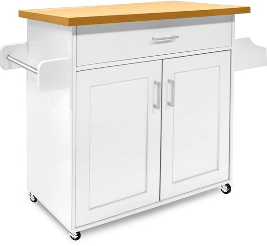 Îlots de cuisine mobiles, desserte de cuisine avec étagère à épices, porte-serviettes et tiroir, desserte de cuisine sur roulettes, meuble de cuisine avec plan de travail, en bois, desserte de cuisine, desserte de service, 115 x 36 x 90 cm, blanc