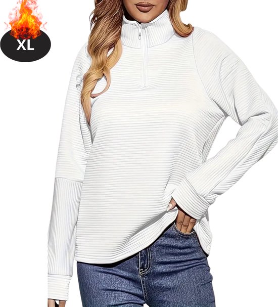 Nivard Quarter Zip Femme - Pull - Sweats - Sweat à capuche - Pull chaud - Cardigan - Long - Pull col roulé - Blanc ivoire - XL