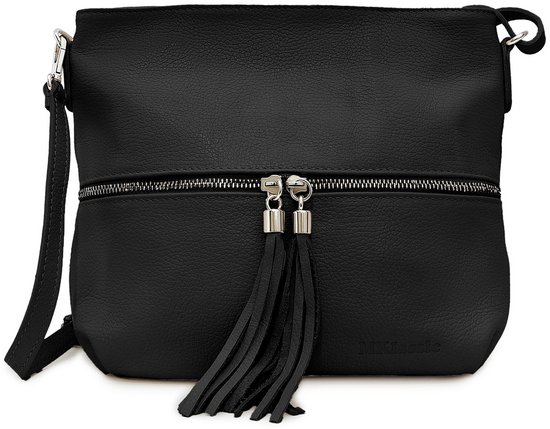 MKlassic Sac à Main en Cuir pour Femme Italien Noir – Élégant Sac à Épaule avec Pompon et Accents Argentés – Sac à Épaule de Haute Qualité en Vrai Cuir de Vache pour Usage Quotidien et Professionnel - Made in Italy - MK05-300-28