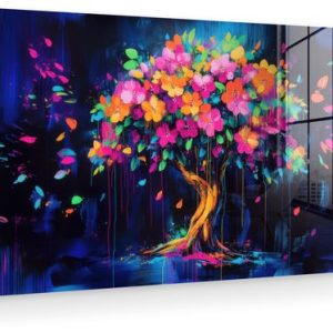 MuchoWow® Peinture sur verre 120×60 cm – Peinture sur verre acrylique – Arbre – Fleurs – Magique – Coloré – Photo sur verre – Décoration murale salon – Décoration murale chambre – Peintures