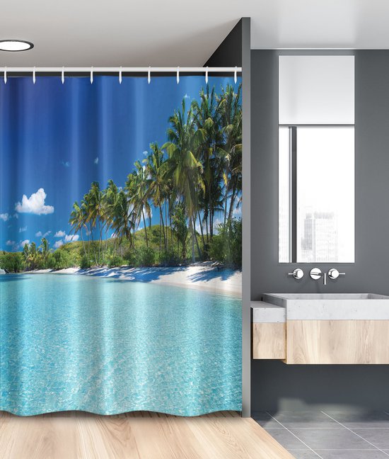 New Bed Ocean Palm Coast Rideau de Douche Set de Decor de Salle de Bain avec Crochets, 120 cm L 200 cm L