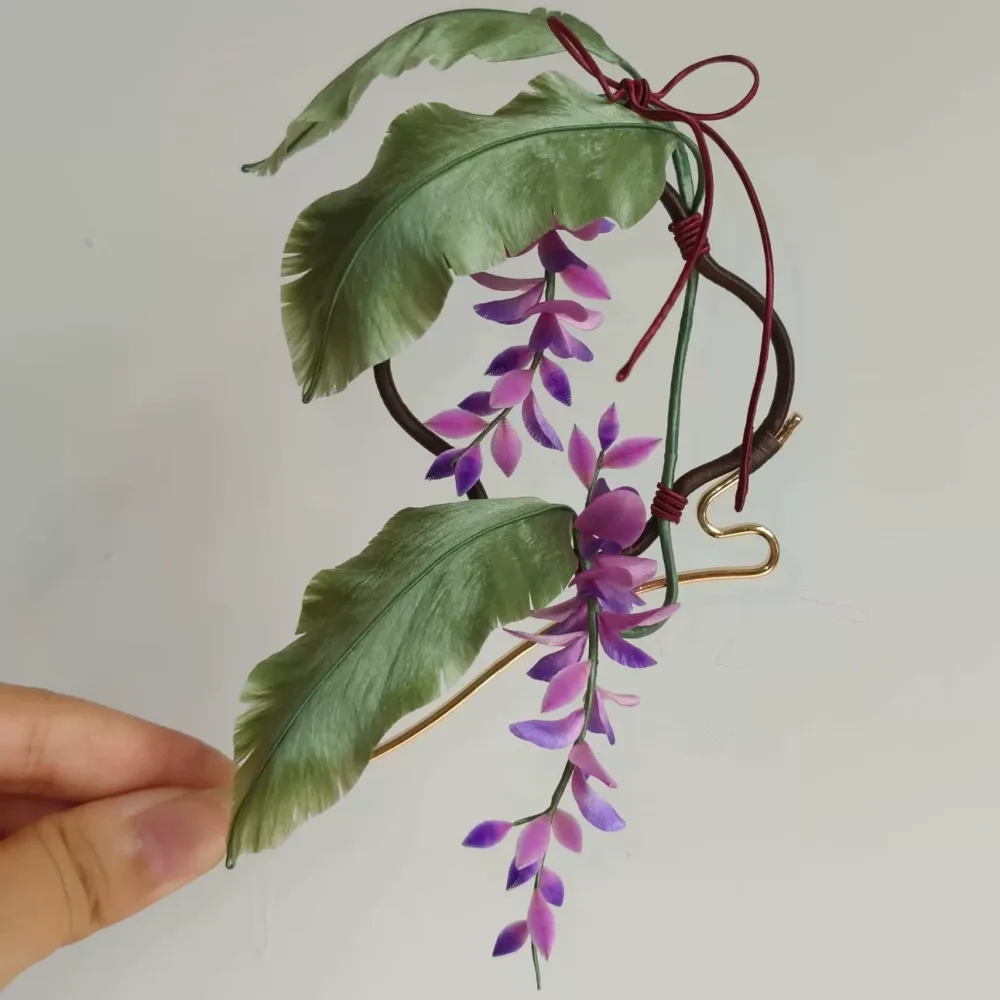 Handmade Ronghua Wisteria with Banana Leaf Hairpin - Mulberry Silk Velvet Flower Hair Pin – Image 3