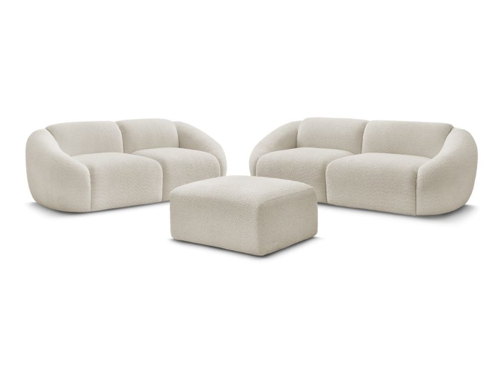 Ensemble canape droit fixe 3 + 2 places TINA tissu bouclette avec pouf
