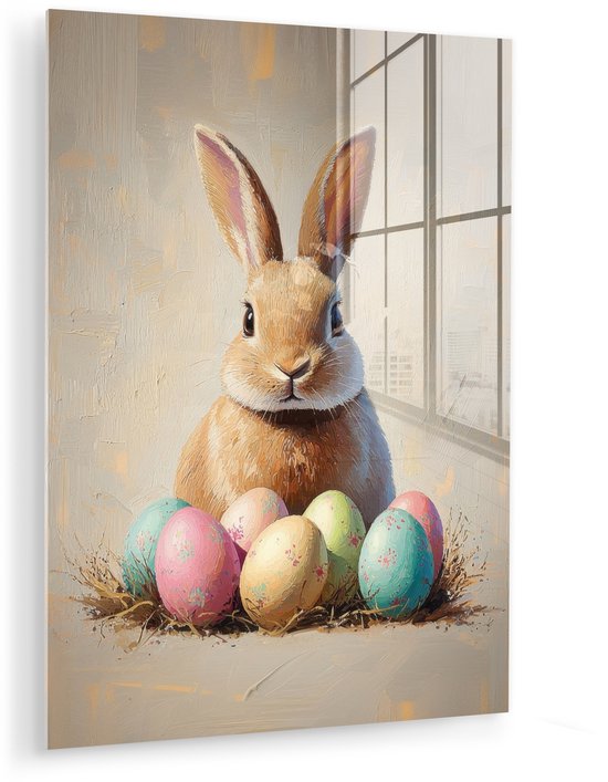 MuchoWow® Tableau sur verre 30x40 cm - Tableau sur verre acrylique - Lapin de Pâques - Pastel - Œufs - Photo sur verre - Décoration murale salon - Décoration murale chambre - Peintures