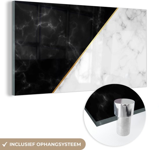MuchoWow® Peinture sur verre 160x80 cm - Peinture acrylique sur verre - Marbre - Wit - Zwart - Or - Photo sur verre - Peintures