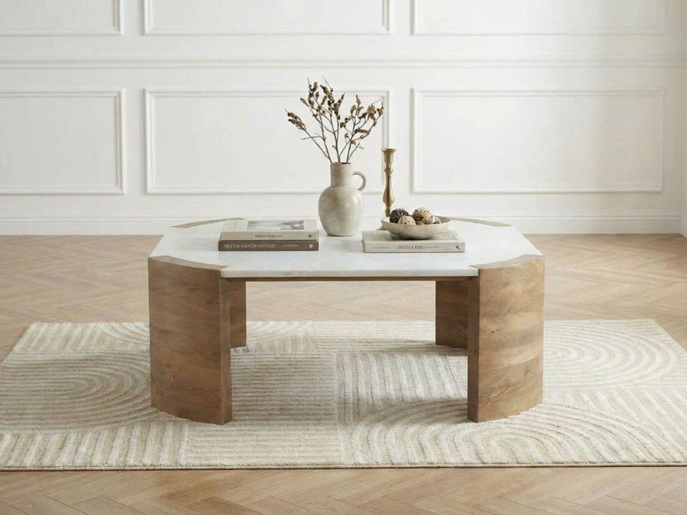 Table basse carree 85 cm TORVI plateau marbre et pieds bois massif d'acacia – Image 2
