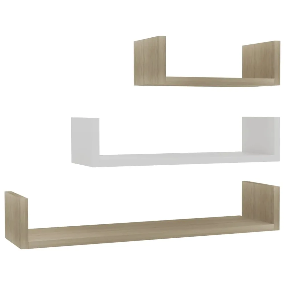 Wall Display Shelf 3 pcs White and Sonoma Oak Engineered Wood – Image 2