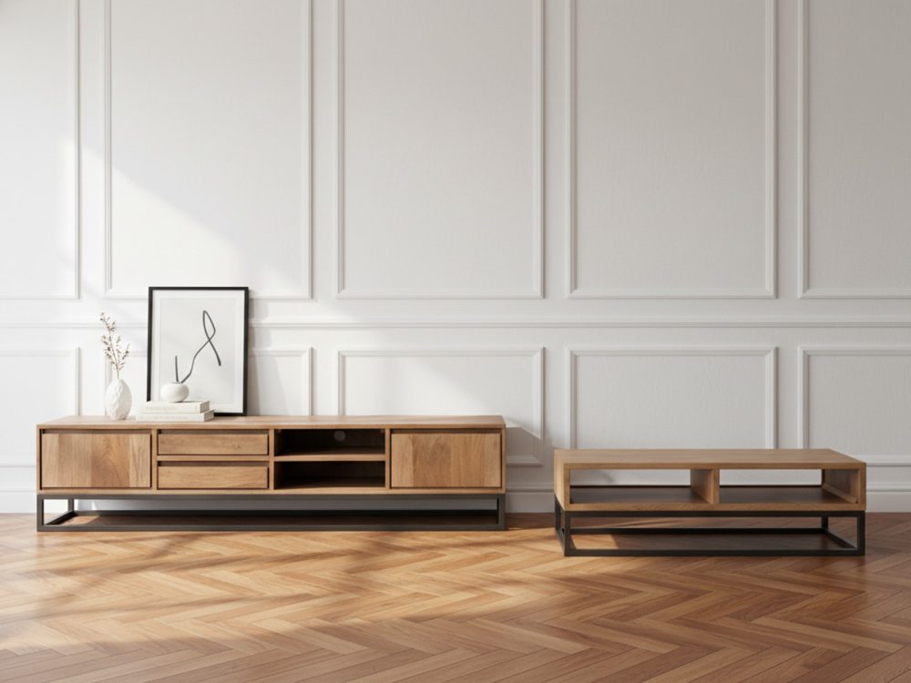 Ensemble BERGERAC avec meuble TV 200 cm + table basse en bois massif de manguier – Image 3
