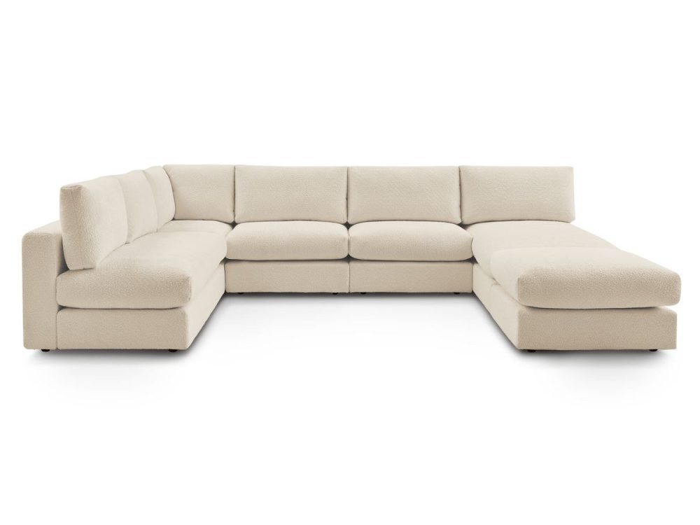 Canape d'angle fixe 100% modulable PARIS tissu bouclette 3 chauffeuses, 1 meridienne, 1 angle, 1 pouf