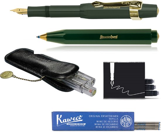 Kaweco - Coffret cadeau - stylos (6 pièces) - Trousse - Stylo plume Fine avec Clip - Stylo bille - Vert - Cartouches d'encre - Recharges bille