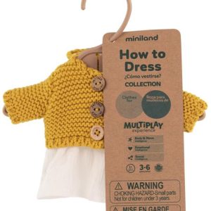 ML Poupées: SET VÊTEMENTS blanc/ocre pour fille 21cm, 3 pièces, robe, gilet et pantalon, avec cintre, 3+