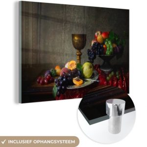 MuchoWow® Peinture sur verre 180×120 cm – Peinture sur verre acrylique – Rustique – Table – Fruits – Nature morte – Tasse – Photo sur verre – Peintures