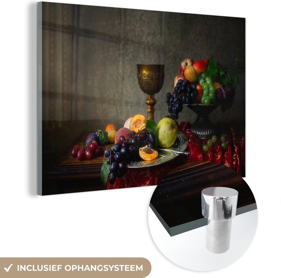MuchoWow® Peinture sur verre 180x120 cm - Peinture sur verre acrylique - Rustique - Table - Fruits - Nature morte - Tasse - Photo sur verre - Peintures