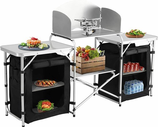 Happyment Cuisine de camping deluxe - 2 en 1 - Pliable - Armoire de camping - Table de cuisson - Cuisine extérieure de camping - Pliable