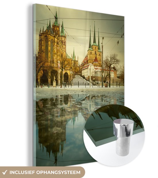 MuchoWow® Peinture sur verre 90x120 cm - Peinture acrylique sur verre - Cathédrale d'Erfurt avec reflet dans un grand étang en Allemagne - Photo sur verre - Peintures