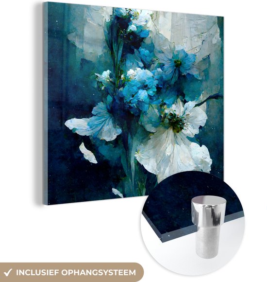 MuchoWow® Peinture sur verre 50x50 cm - Peinture sur verre acrylique - Fleurs - Bouquet - Peinture - Blauw - Photo sur verre - Peintures