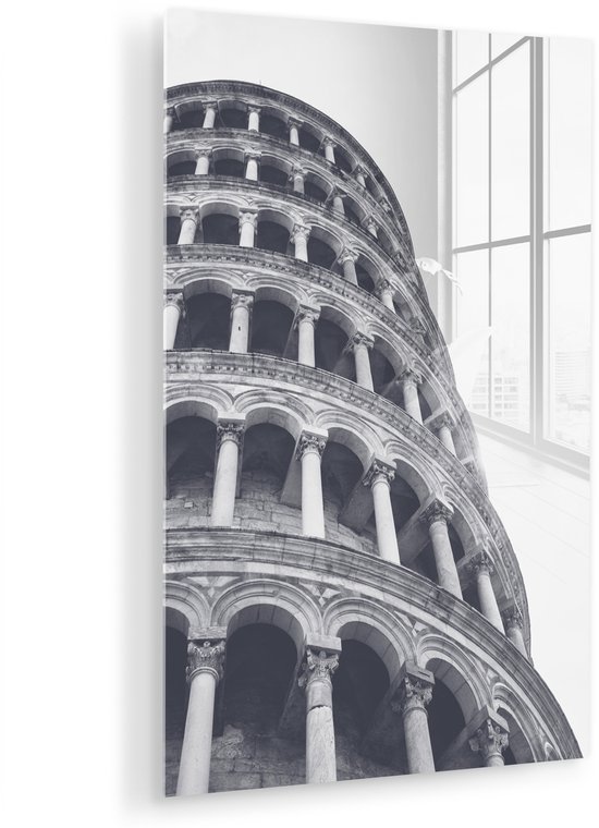 MuchoWow® Peinture sur verre 120x180 cm - Peinture sur verre acrylique - Tour de Pise - Italie - Zwart - Wit - Photo sur verre - Peintures