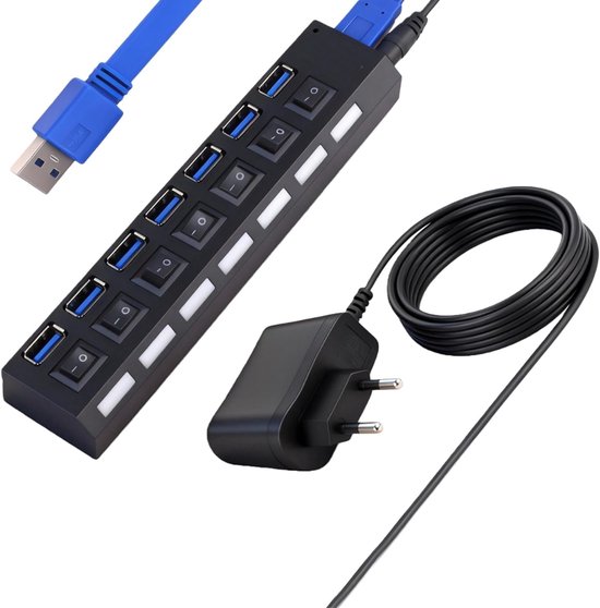 MIRA® Hub USB alimenté - Hub USB - Répartiteur USB - Noir - 10cm x 10cm x 1cm ; 170 g