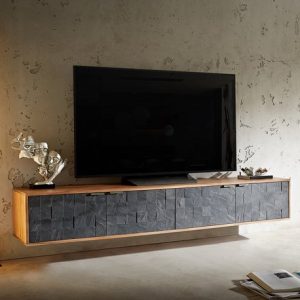 Meuble TV Teele acacia ardoise naturelle 200 cm lowboard flottant 4 portes Meuble TV Teele acacia ardoise naturelle 200 cm lowboard flottant 4 portes