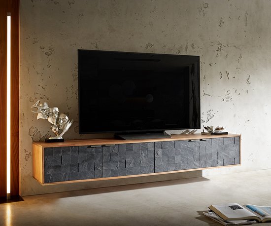 Meuble TV Teele acacia ardoise naturelle 200 cm lowboard flottant 4 portes