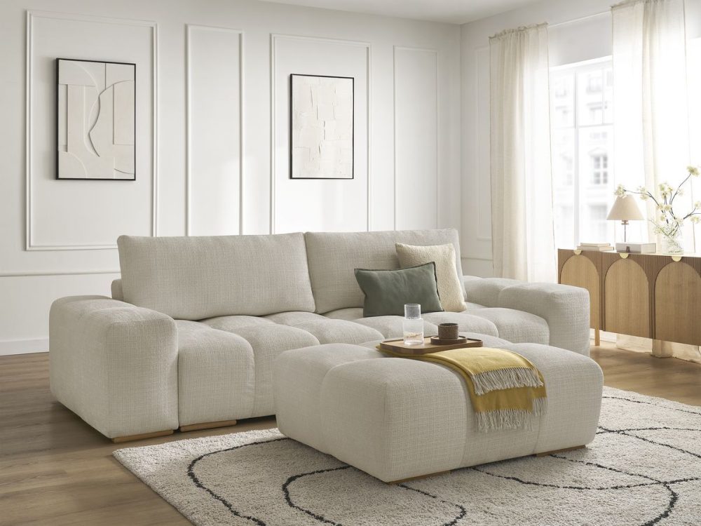 Canape droit fixe 3 places ANAKIN tissu texture avec pouf – Image 2