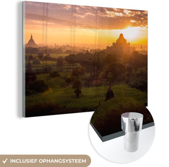 MuchoWow® Peinture sur verre 30x20 cm - Peinture acrylique sur verre - Lever de soleil derrière un temple à Pagan au Myanmar - Photo sur verre - Peintures