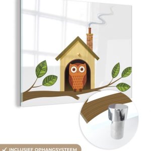 MuchoWow® Peinture sur verre 80×60 cm – Peinture sur verre acrylique – Illustration d’un hibou et de sa maison – Photo sur verre – Peintures MuchoWow® Peinture sur verre 80×60 cm – Peinture sur verre acrylique – Illustration d’un hibou et de sa maison – Photo sur verre – Peintures
