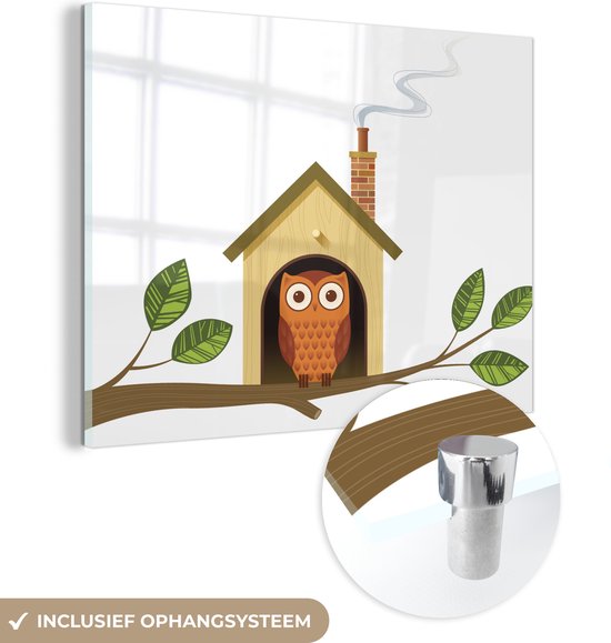MuchoWow® Peinture sur verre 80x60 cm - Peinture sur verre acrylique - Illustration d'un hibou et de sa maison - Photo sur verre - Peintures