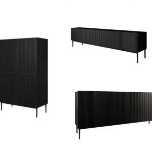 Ensemble KASHA avec Meuble TV 200 cm + Buffet 4 portes 200 cm + Buffet haut 2 portes 100 cm pieds noirs