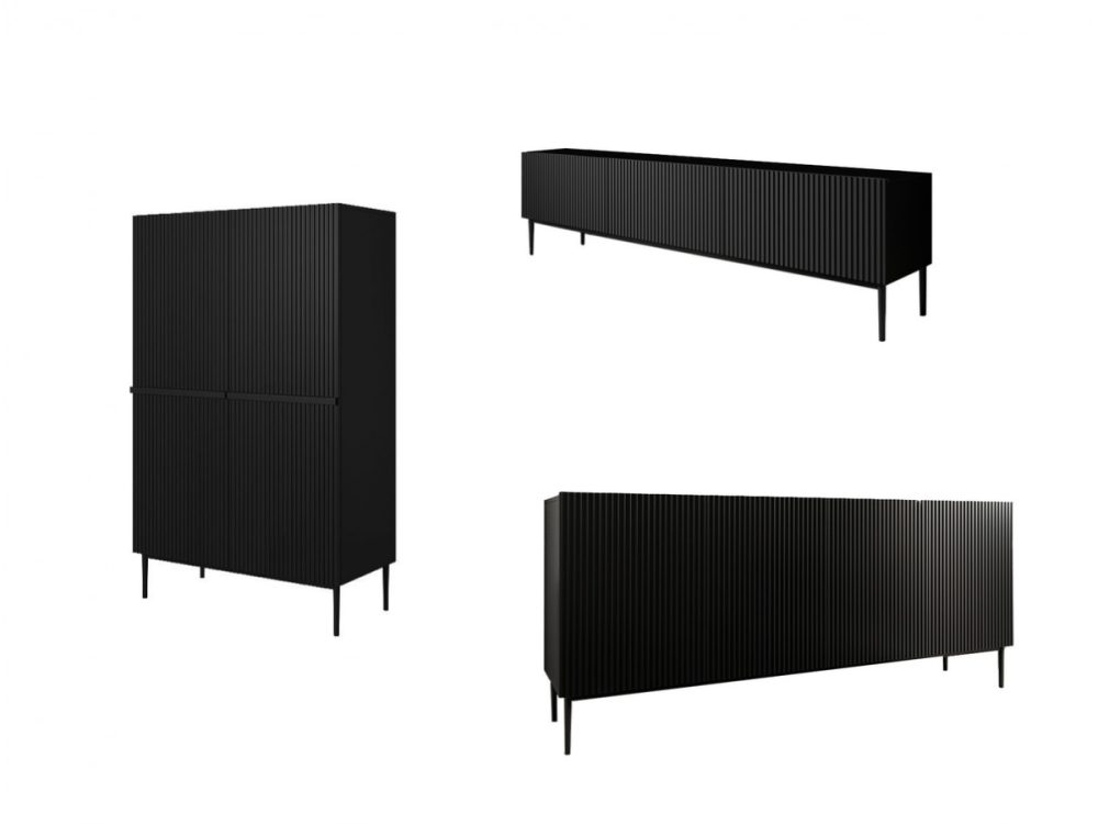 Ensemble KASHA avec Meuble TV 200 cm + Buffet 4 portes 200 cm + Buffet haut 2 portes 100 cm pieds noirs