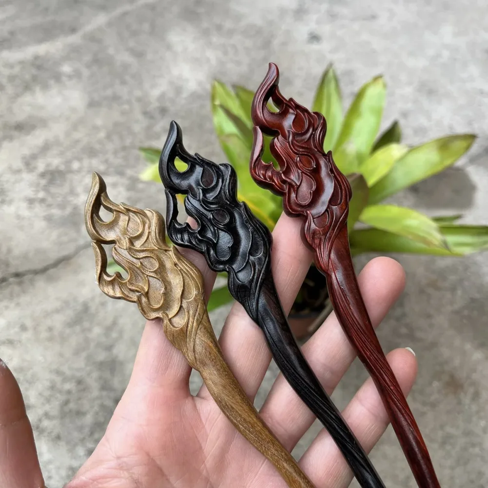 Natural Wooden Flame Hair Stick Set - 19cm Hairpin (火焰) – Image 3